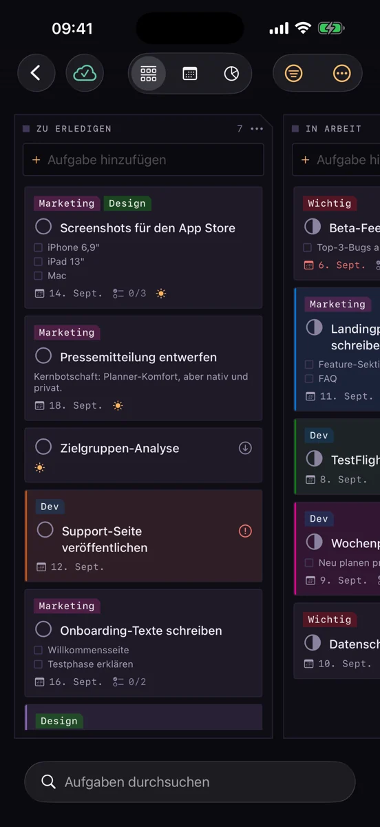 Kanban Planner auf dem iPhone: Board mit den Spalten Zu erledigen und In Arbeit